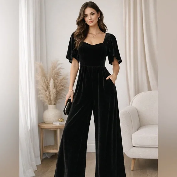 Ivy City Co Black Velvet Jumpsuit - Picture 1 of 4